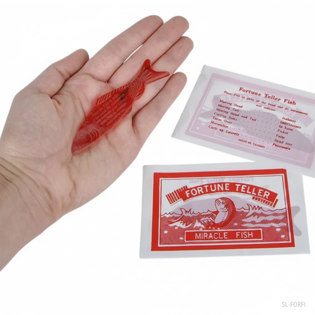 Red fortune telling fish with packaging on a white background