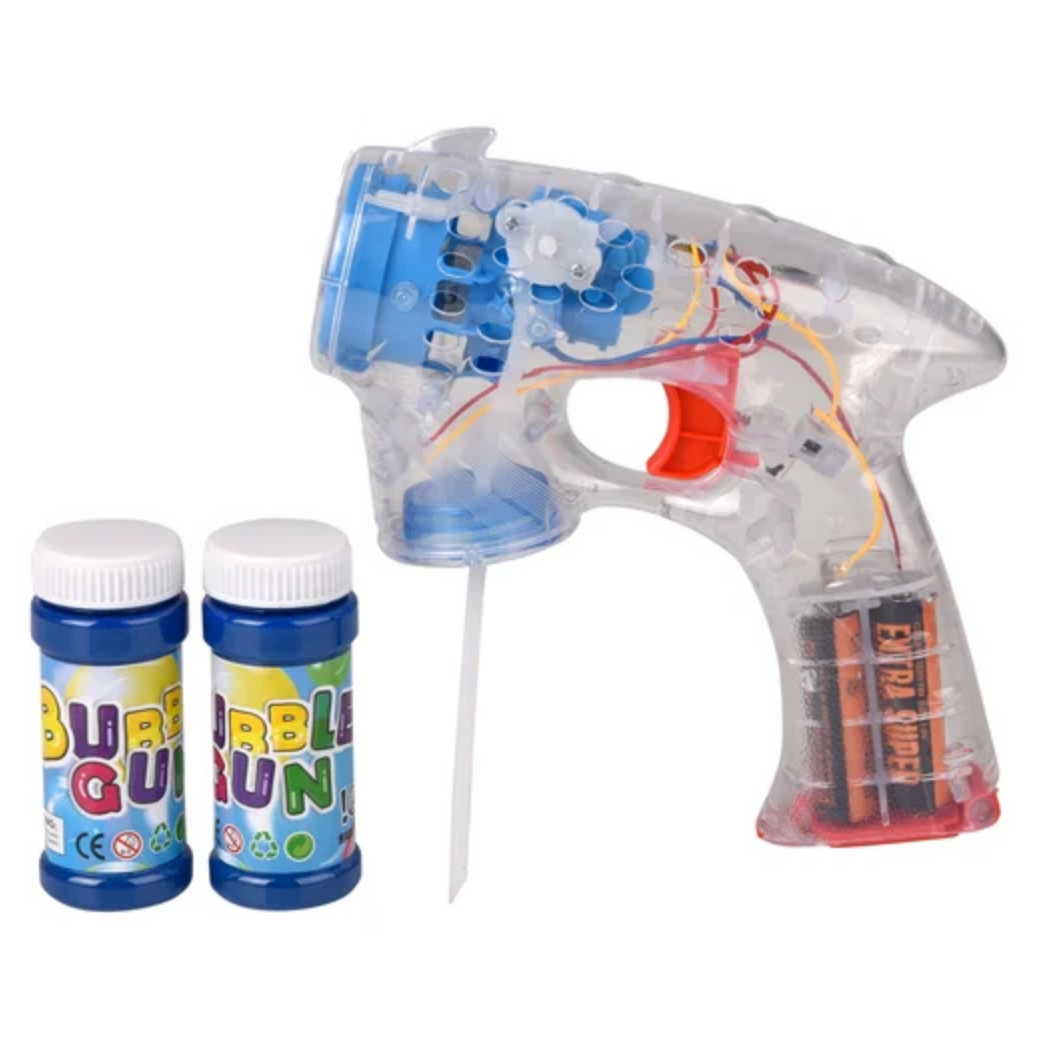 Bubble gun with two bubble fluid bottles on a white background