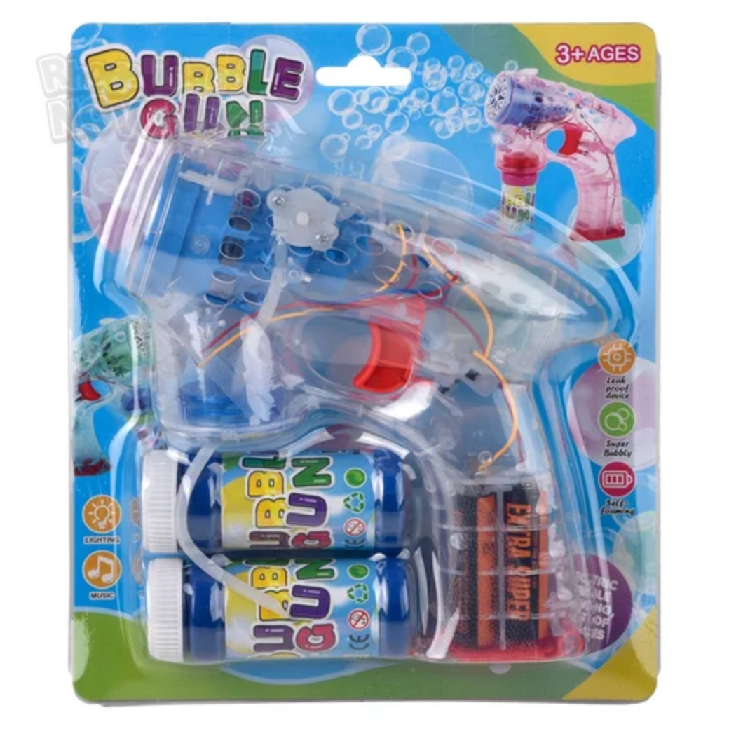Bubble gun toy set in packaging with 'Bubble Gun' branding.