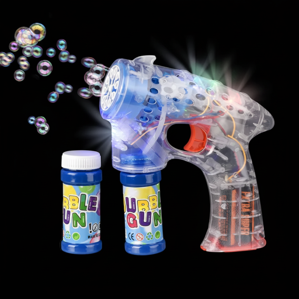 Toy bubble gun with bubble solution on a black background