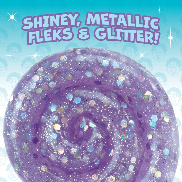 Purple slime with metallic flecks and glitter on a blue background with text 'Shiny, Metallic Fleks & Glitter'.