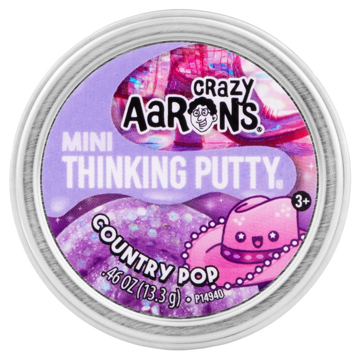 Crazy Aaron's Mini Thinking Putty container with purple lid and pink putty inside on a white background