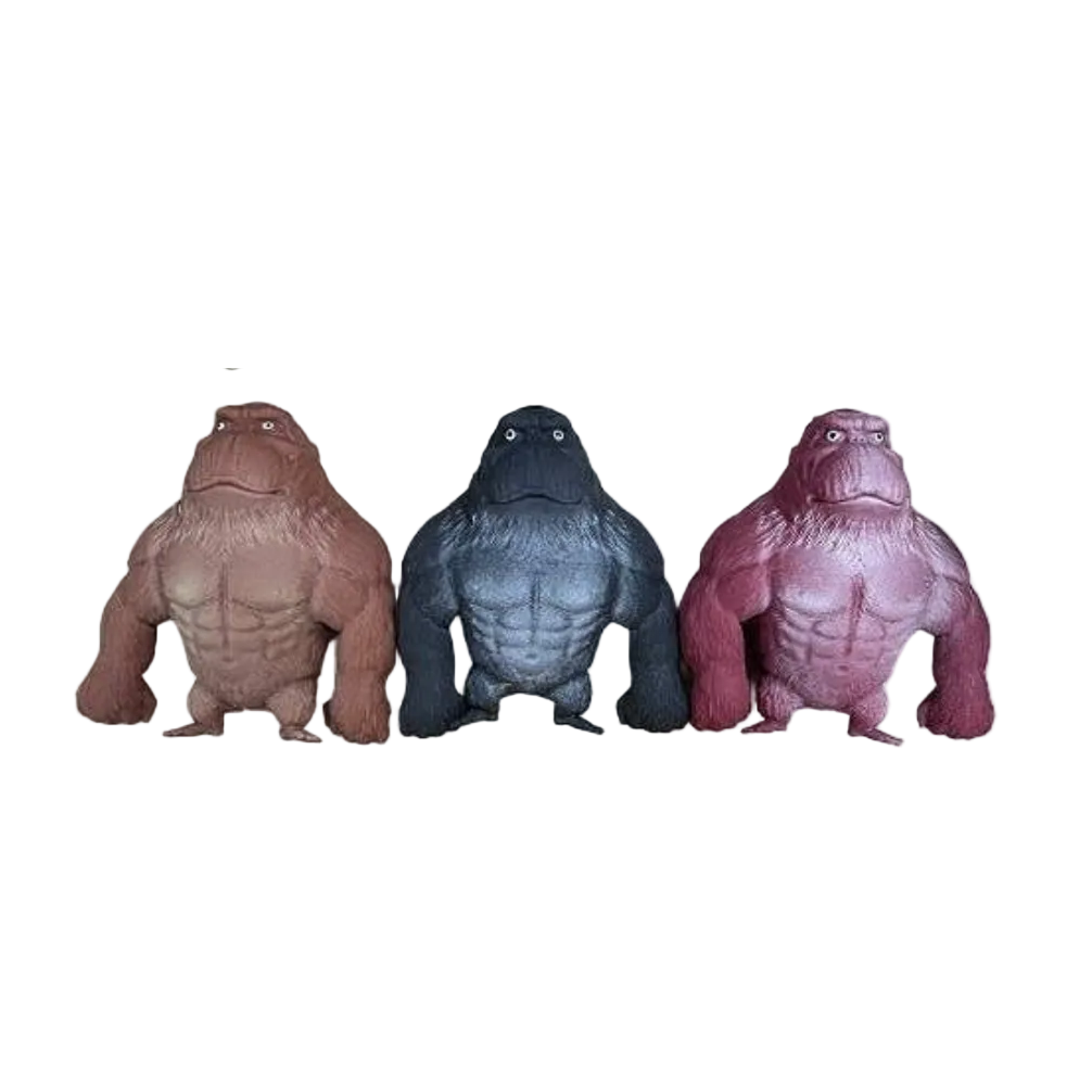 Three gorilla figures in different colors on a white background