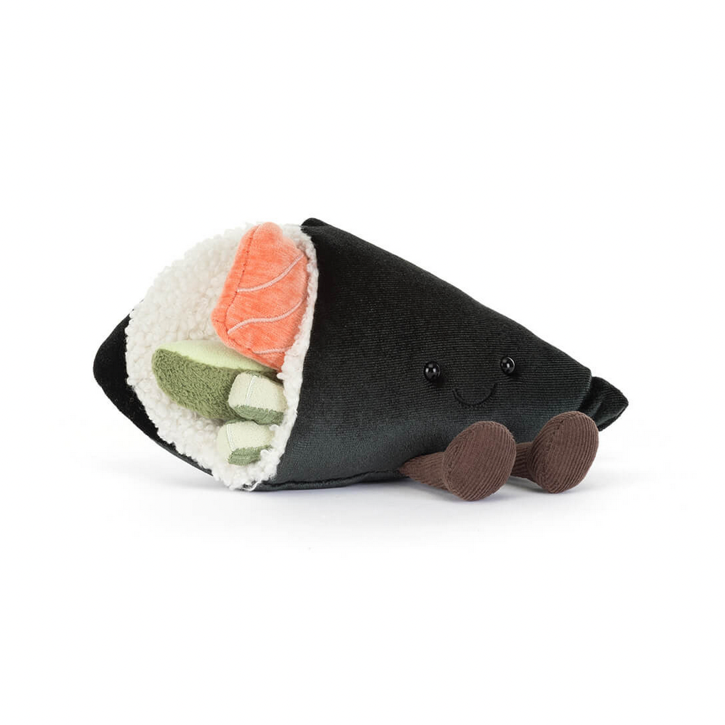 Plush toy shaped like a roll of sushi on a white background