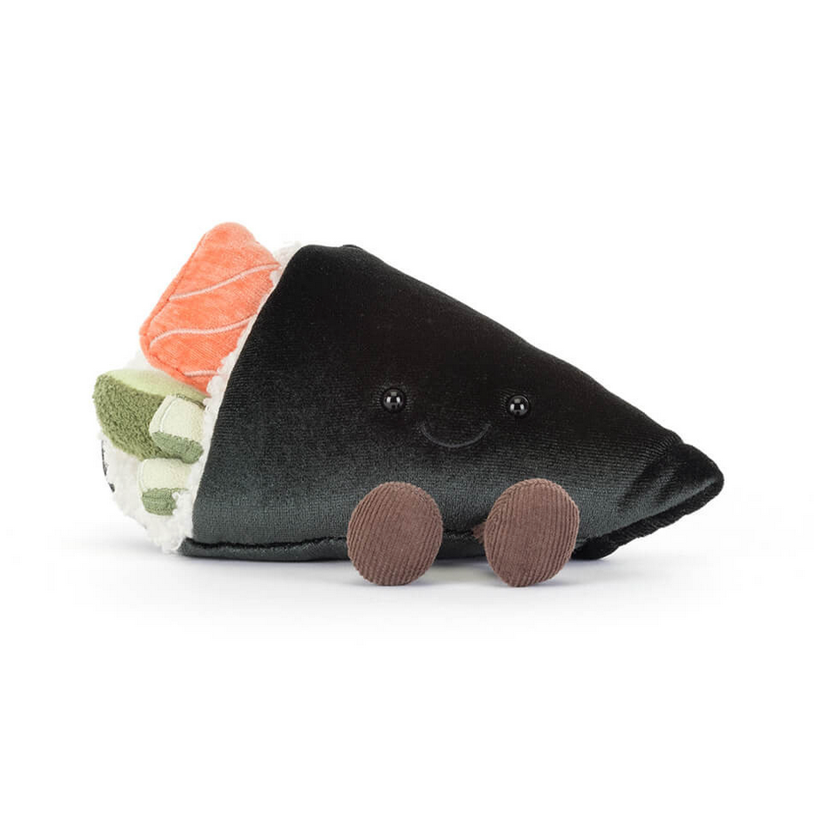 Stuffed toy resembling a black rice ball with salmon and avocado on a white background