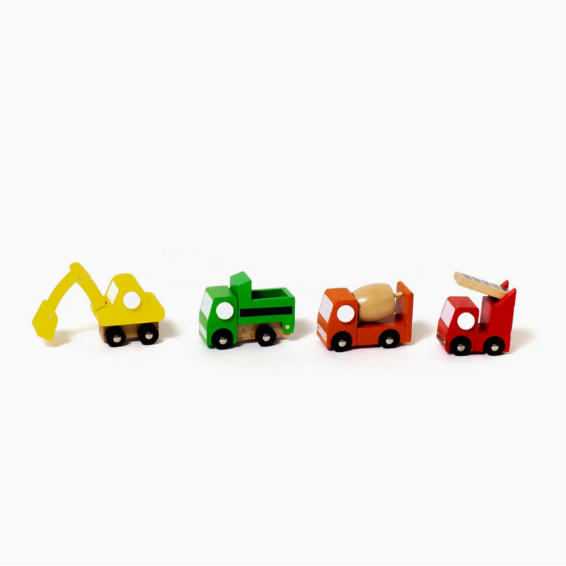 Set of four colorful toy construction vehicles on a white background