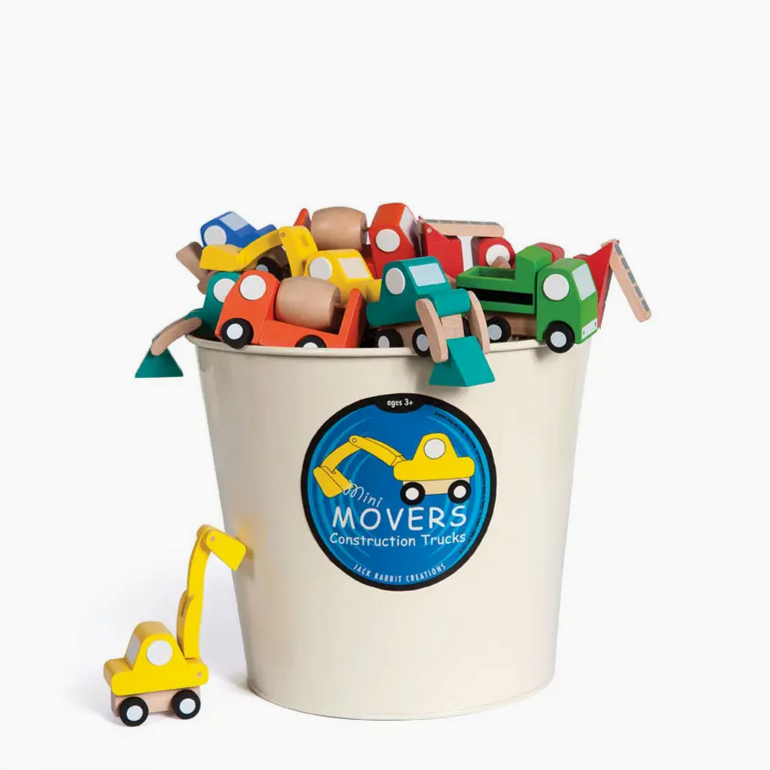 Toy construction vehicles in a bucket with 'Mini Movers' label on a white background