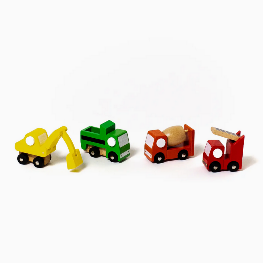 Set of colorful toy construction vehicles on a white background
