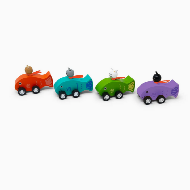 Four colorful toy cars with animal figures on a white background