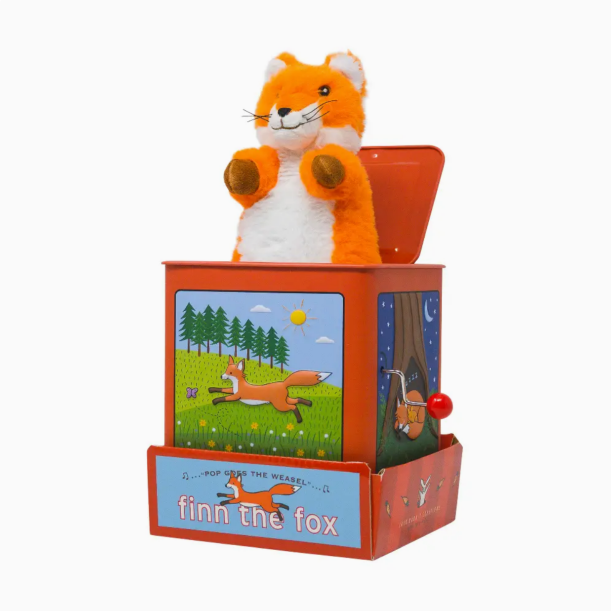Plush fox toy inside a wooden box with illustrations on a white background