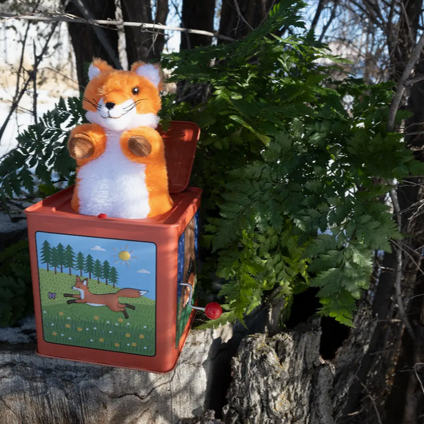 Plush fox toy in a jack-in-the-box with a natural background