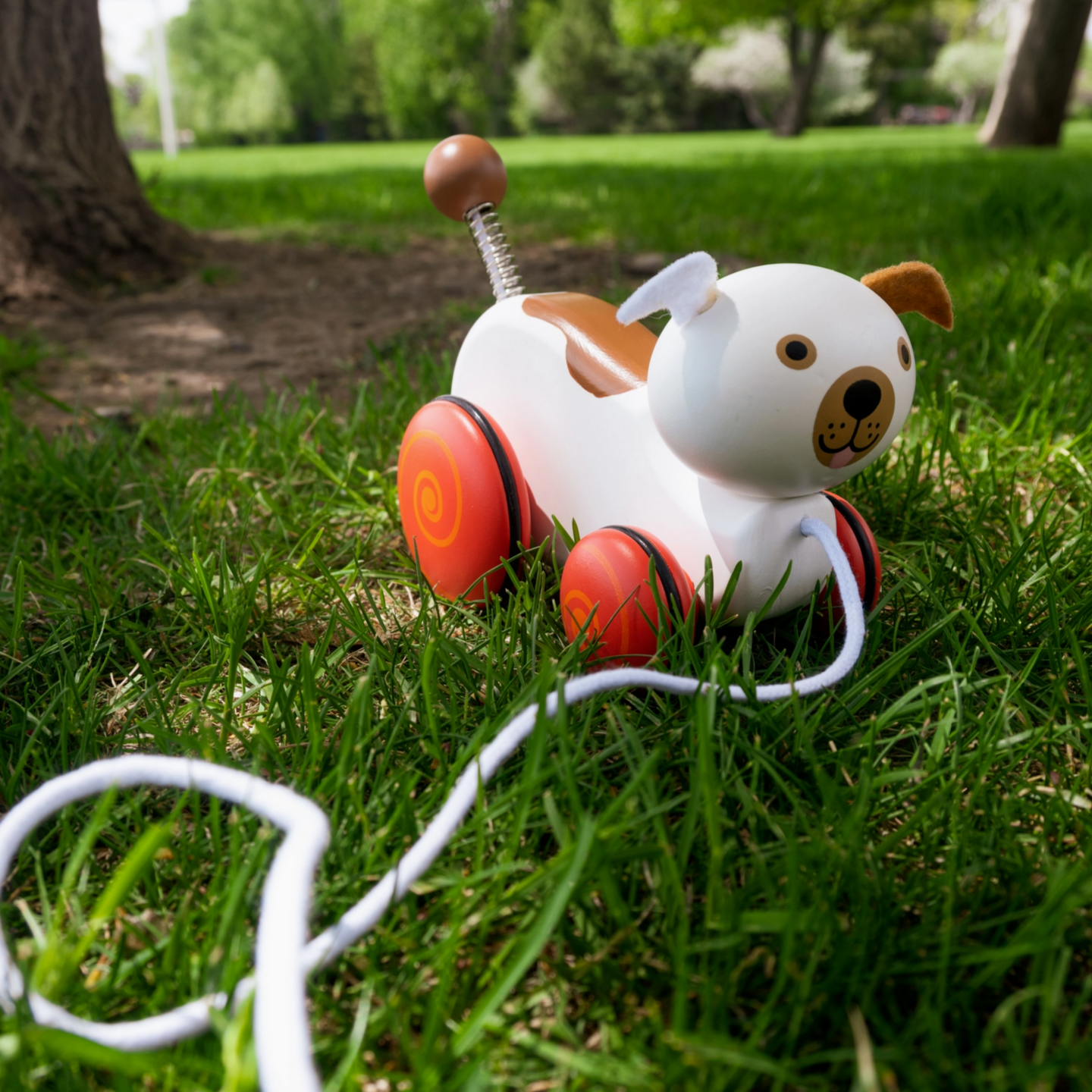 Toy dog on a string in a grassy outdoor setting