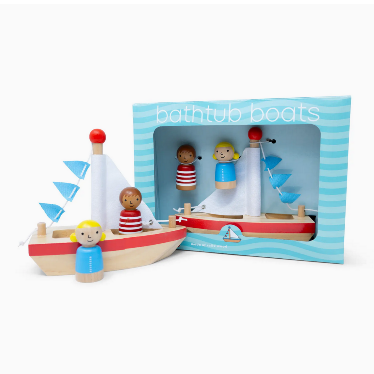 Wooden bathtub boats with figures and packaging on a white background