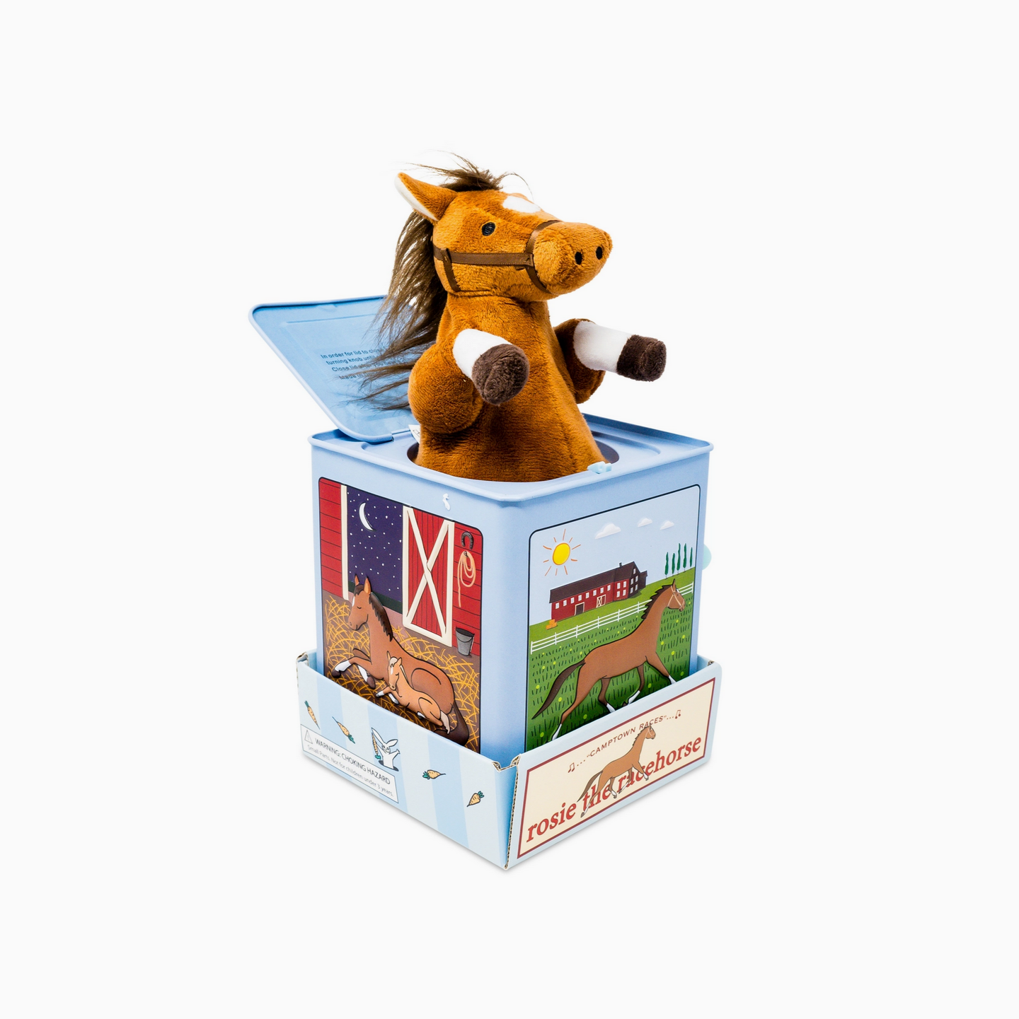 Plush horse toy in a jack-in-the-box with farm-themed design on a white background