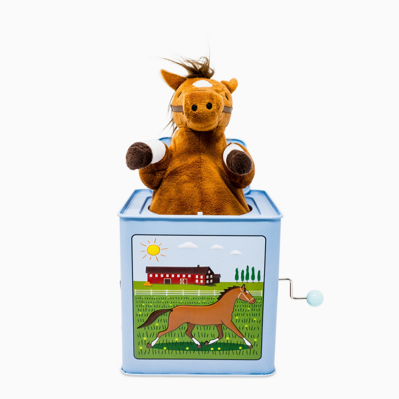 Jack-in-the-box toy with a horse design on a white background