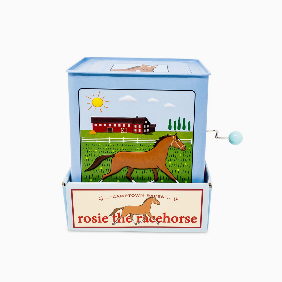 Jack-in-the-box with horse design and 'Rosie the Racehorse' text on a white background