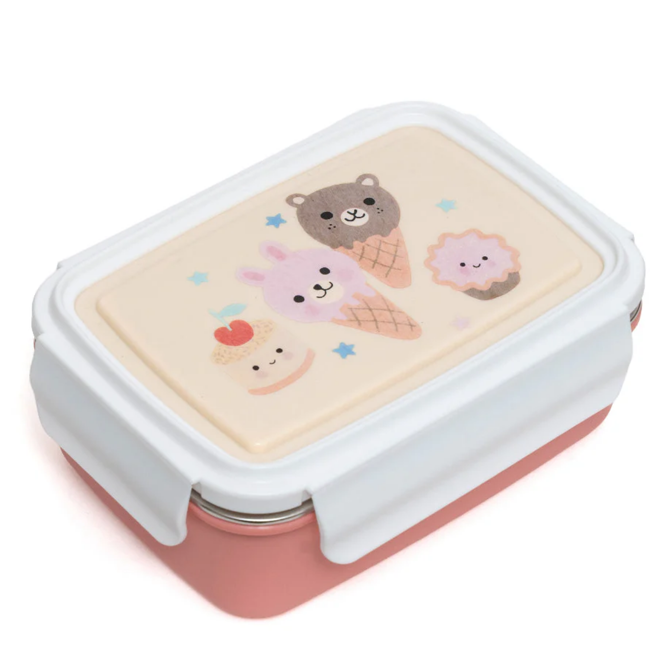 Pink lunch box with bear and ice cream design on a white background