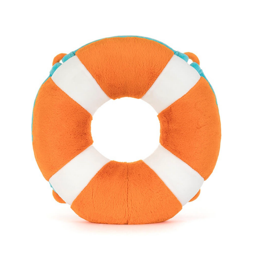 Orange life buoy-shaped toy with white bands on a white background
