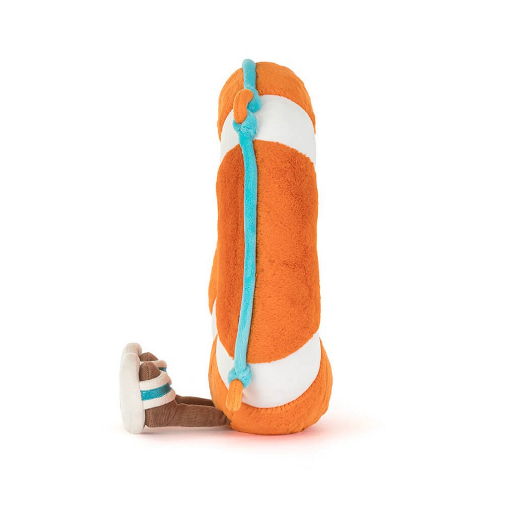 Orange life ring with blue strap on a white background