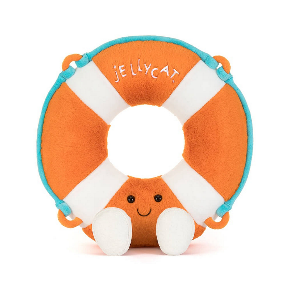 Plush life ring toy with a smiling face on a white background