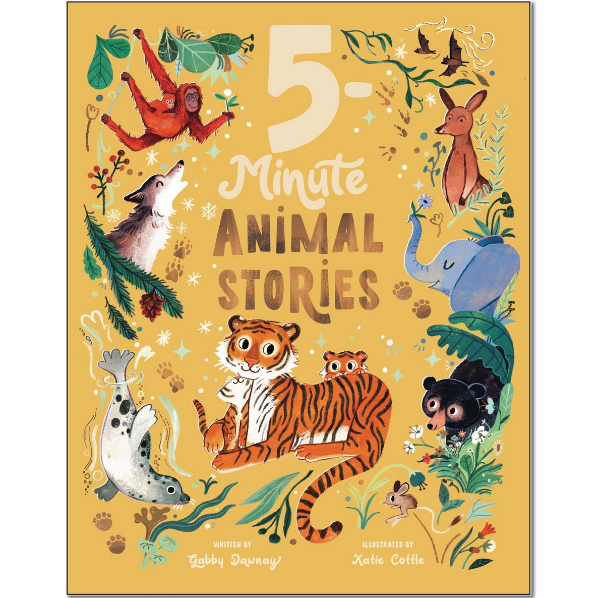 Book cover of '5-Minute Animal Stories' with illustrations of various animals on a yellow background