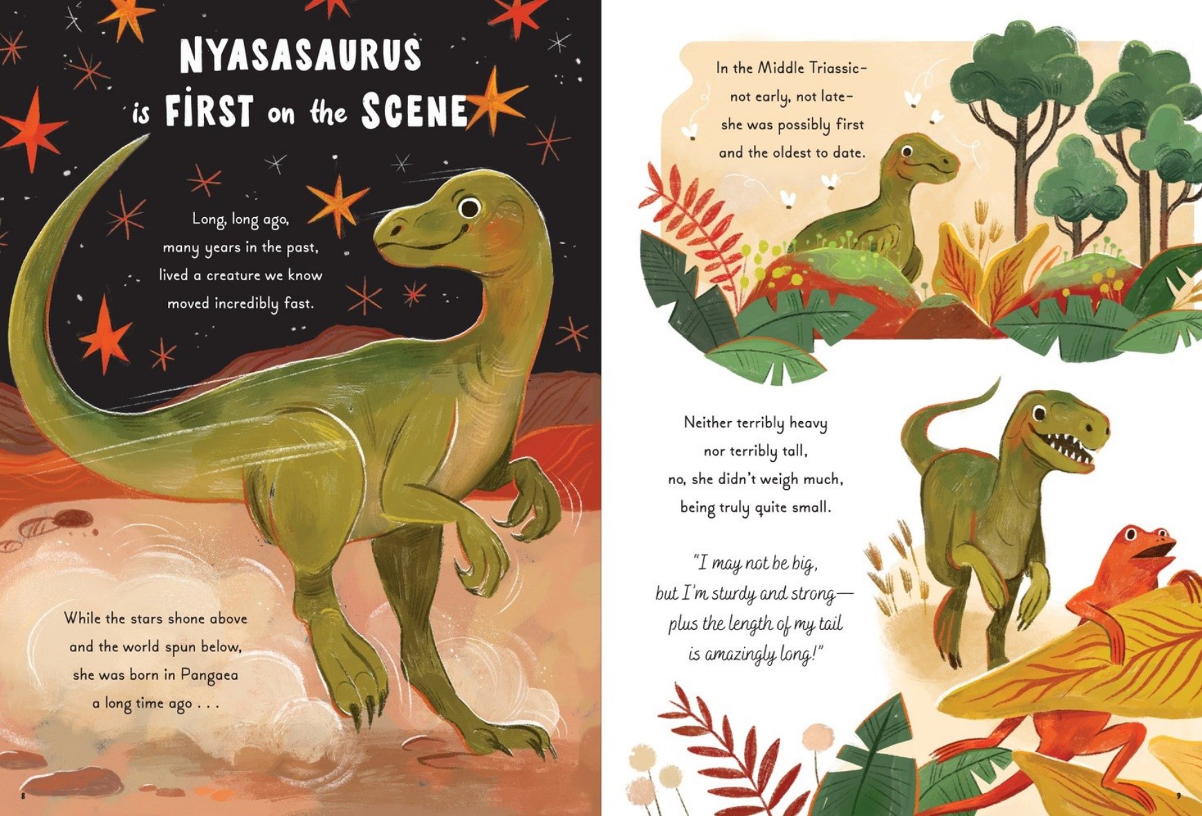 Illustrated book pages with dinosaurs and a starry night sky.