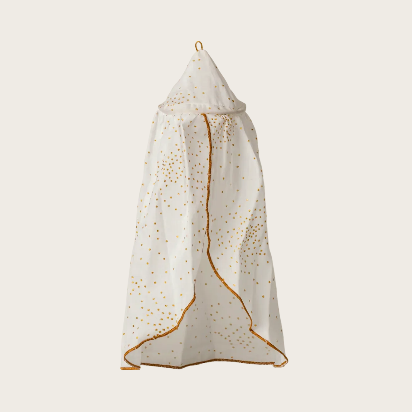 White bed canopy with gold accents on a hanger against a white background