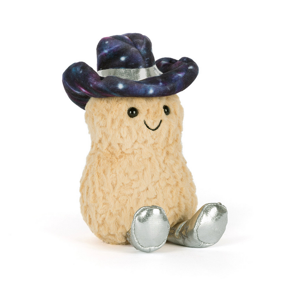 Peanut-shaped plush toy with cowboy hat and boots on a white background
