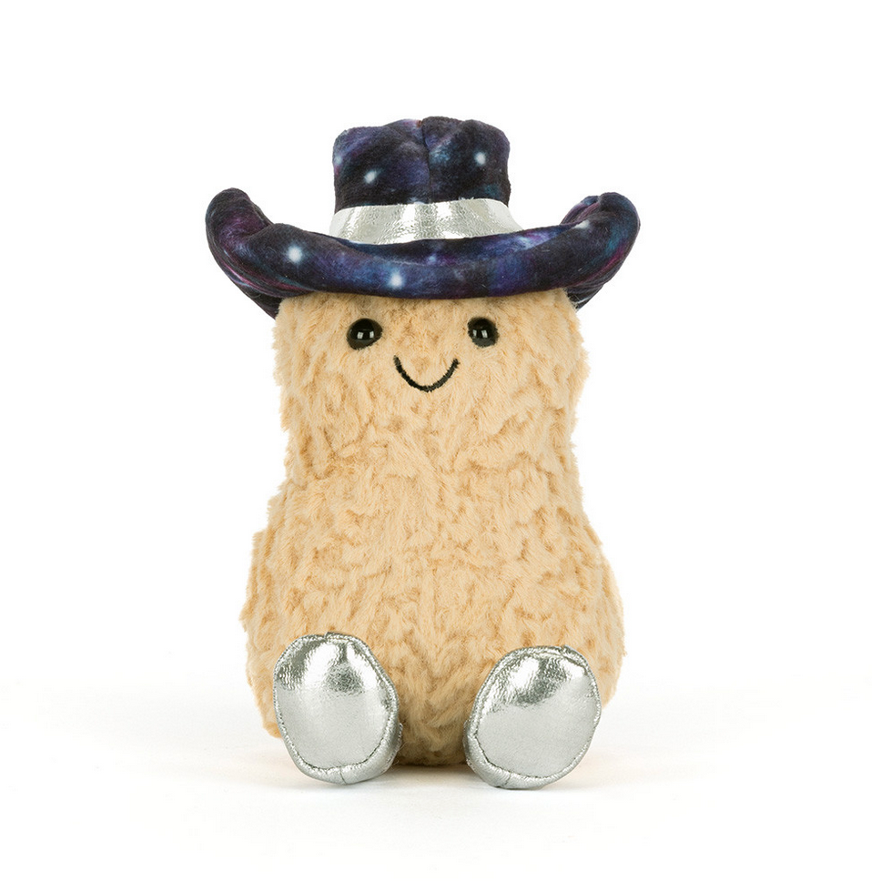 Plush toy resembling a peanut wearing a cowboy hat on a white background