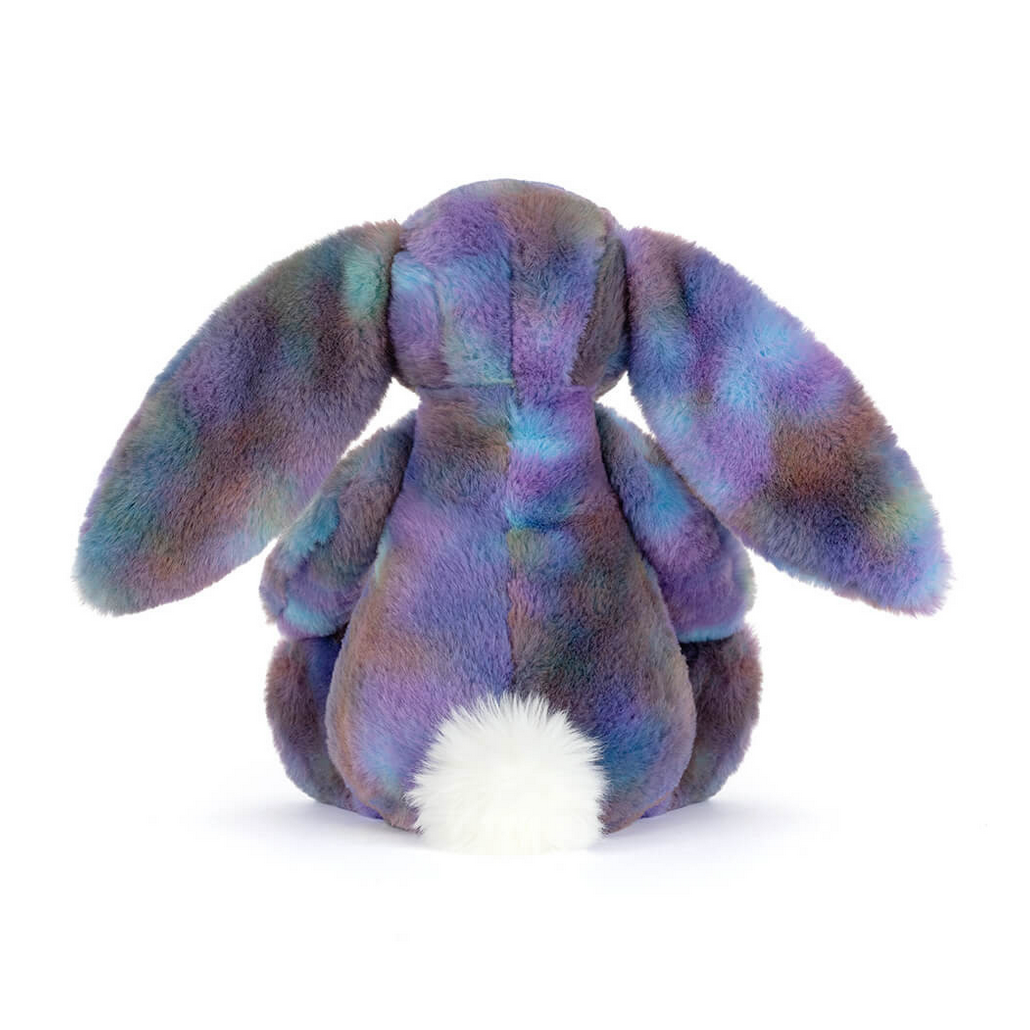 Plush toy rabbit with multicolored pattern on a white background