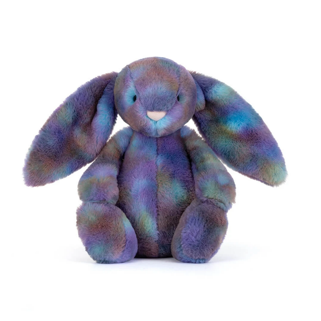 Plush bunny toy with a checkered pattern on a white background