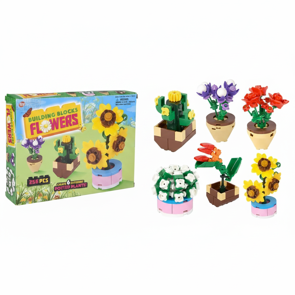 Building blocks set with flowers and plants in pots, including a box labeled 'Building Blocks Flowers'.