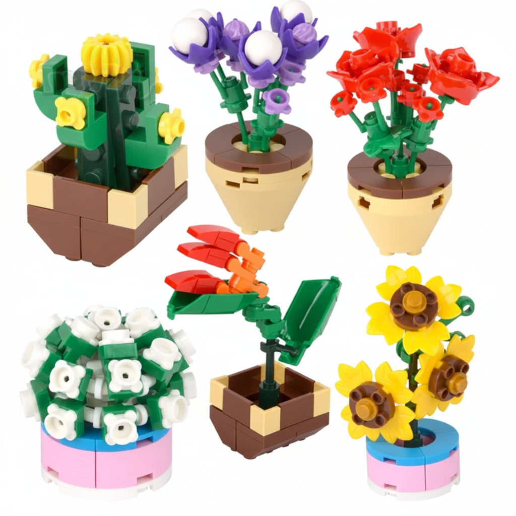Set of colorful LEGO flower pots and plants on a white background