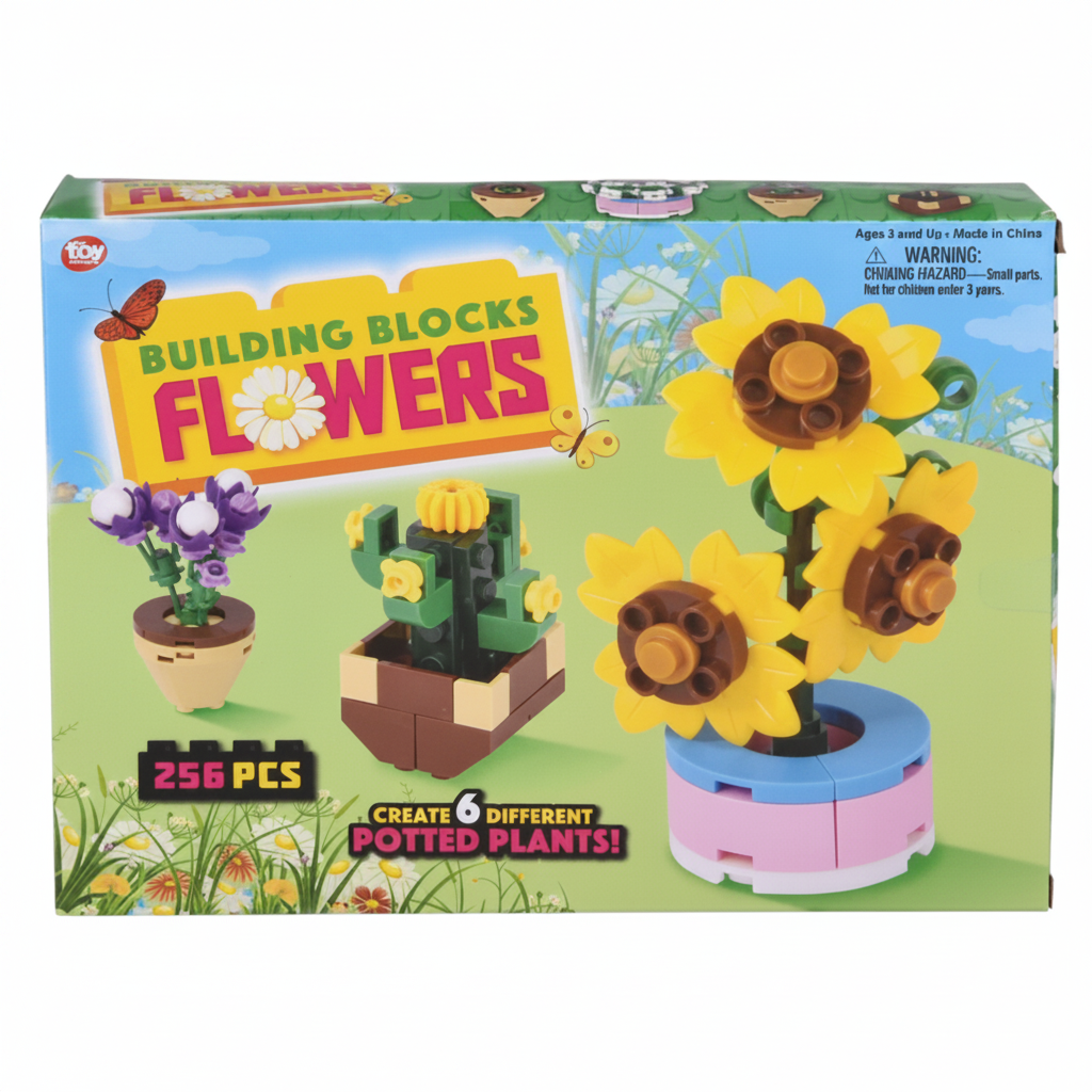 Building blocks flowers set packaging with colorful flowers and text on a green background