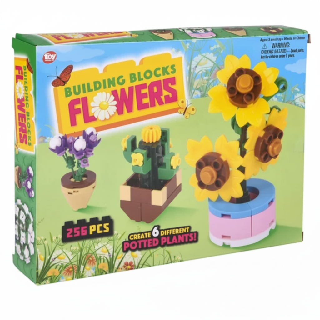 Toy building blocks set for creating potted plants, with a colorful box featuring sunflowers and other plants.