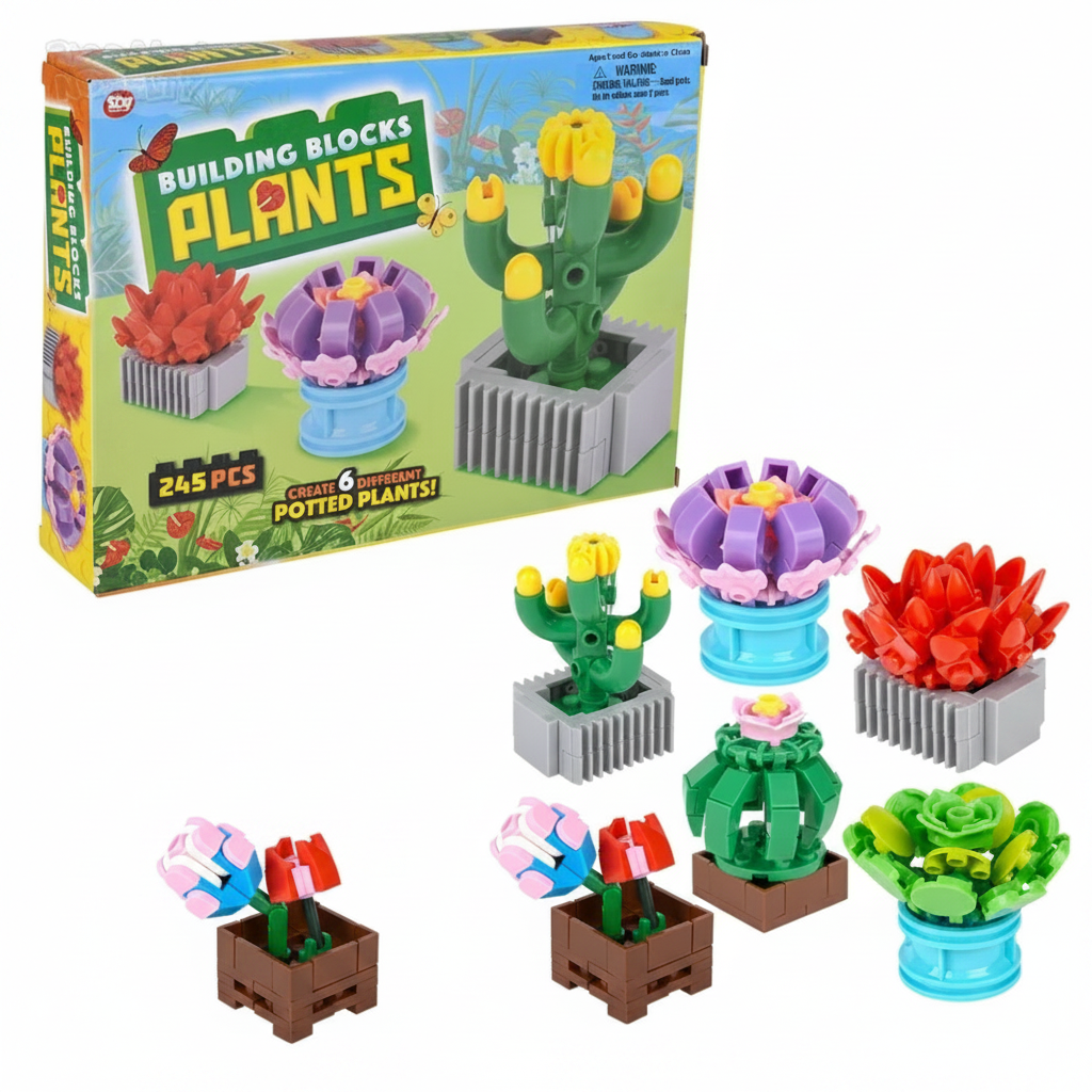 Toy building blocks set with potted plants in front of their packaging