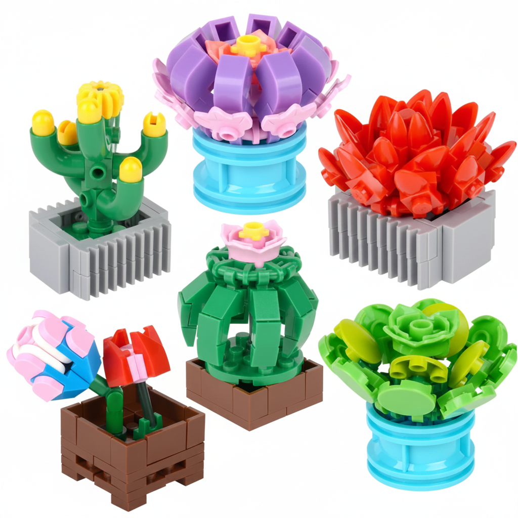 Set of colorful building block plants on a white background