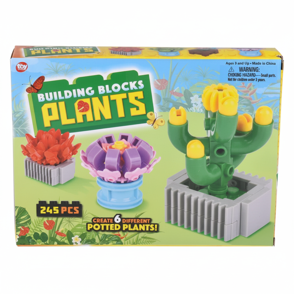 Building blocks plants toy set packaging with colorful illustrations of plants and building blocks.