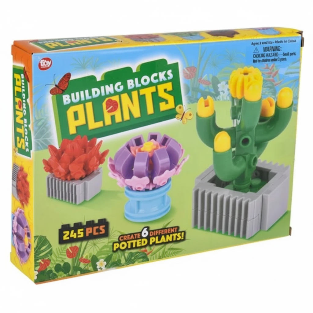 Toy building blocks packaging with plant designs and colorful text