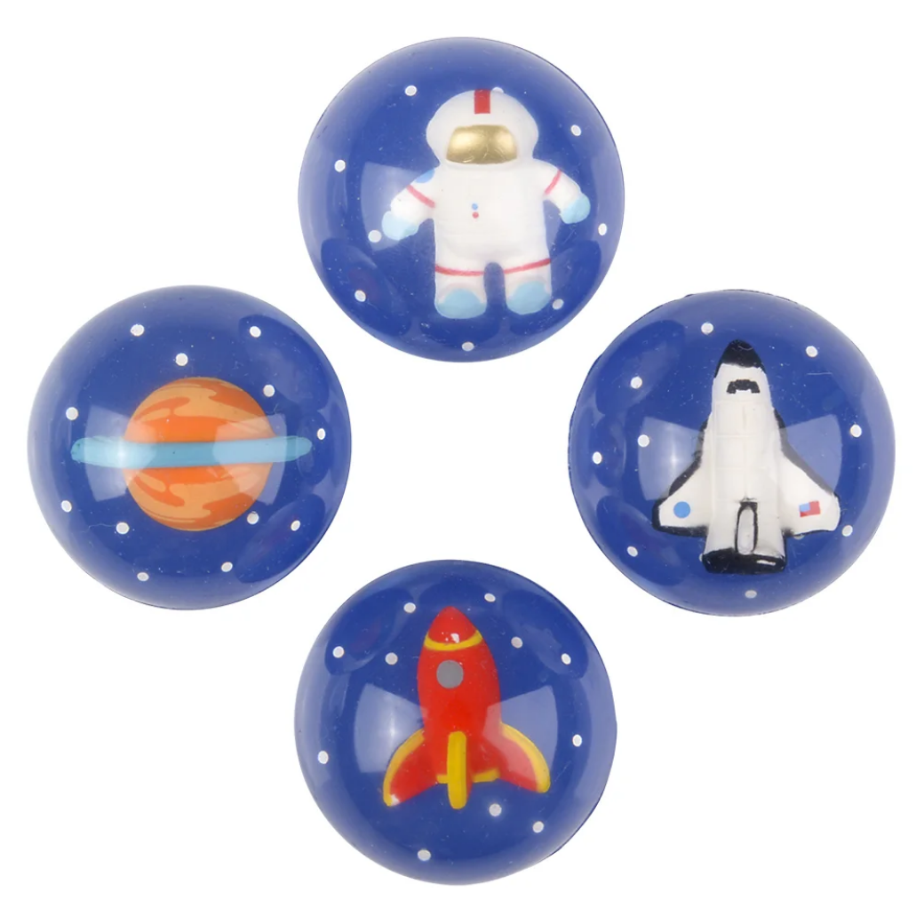 Set of four space-themed buttons with astronaut, planet, rocket, and shuttle designs on a blue background.