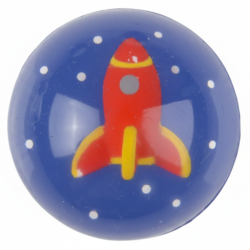 Round ball with a red rocket ship on a blue background