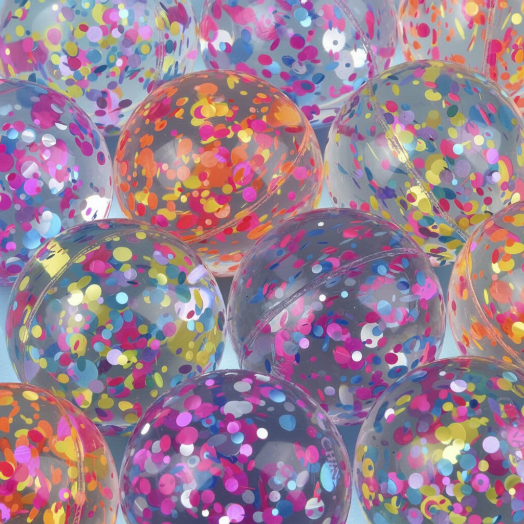 Transparent balloons filled with colorful confetti against a light blue background