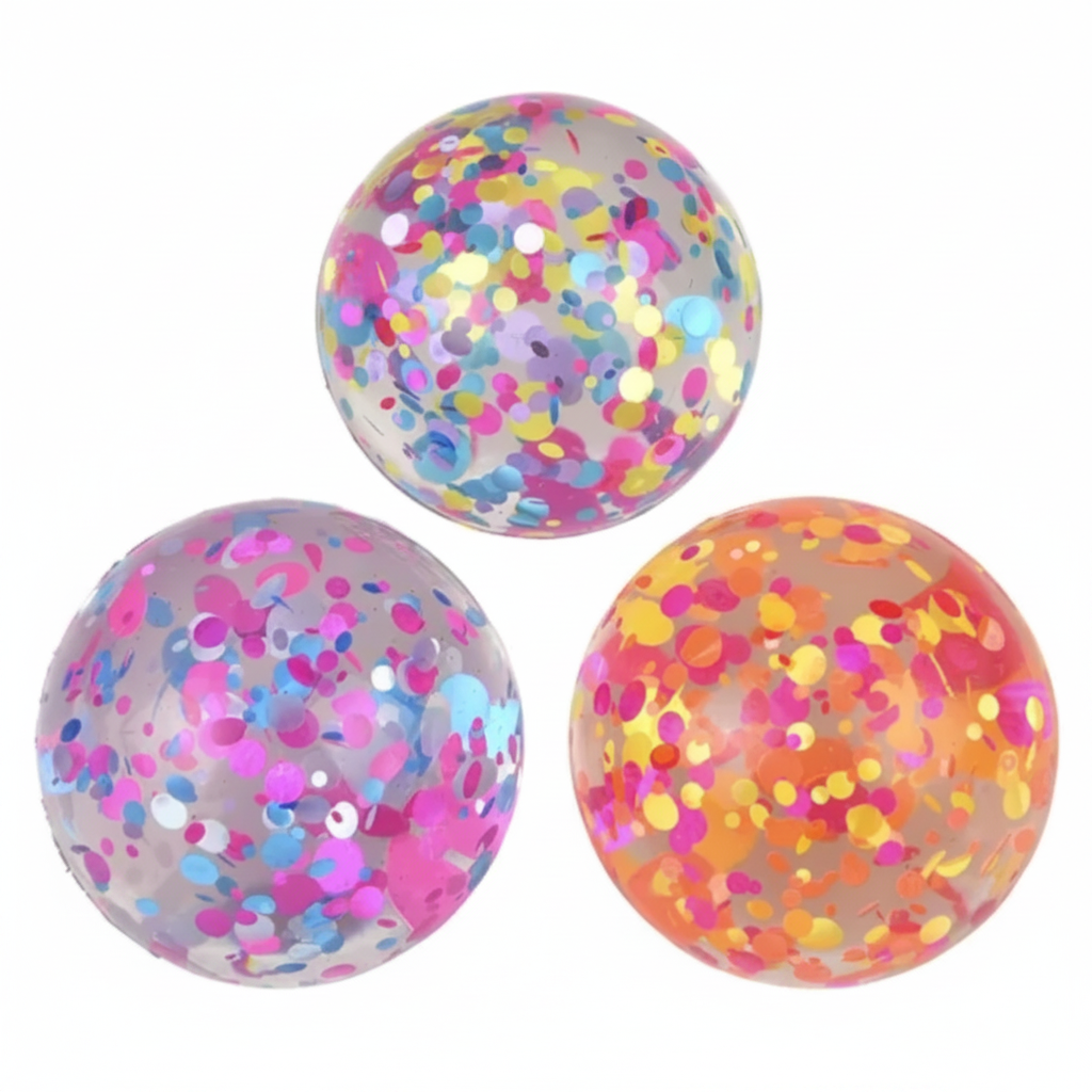Three colorful confetti-filled transparent balls on a white background
