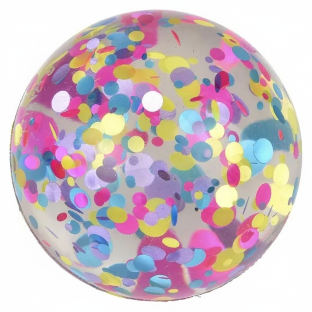 Clear ball with colorful confetti on a white background