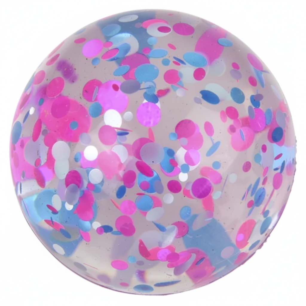 Transparent balloon with pink and blue confetti on a white background