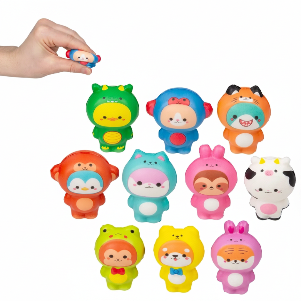Set of colorful animal figurines with a hand holding one above them, on a white background.