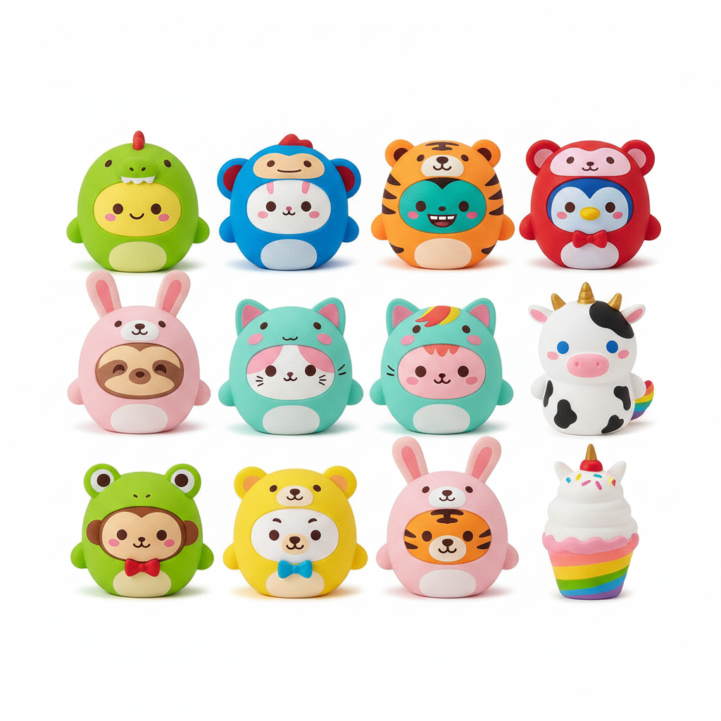 Colorful animal-themed figurines on a white background 