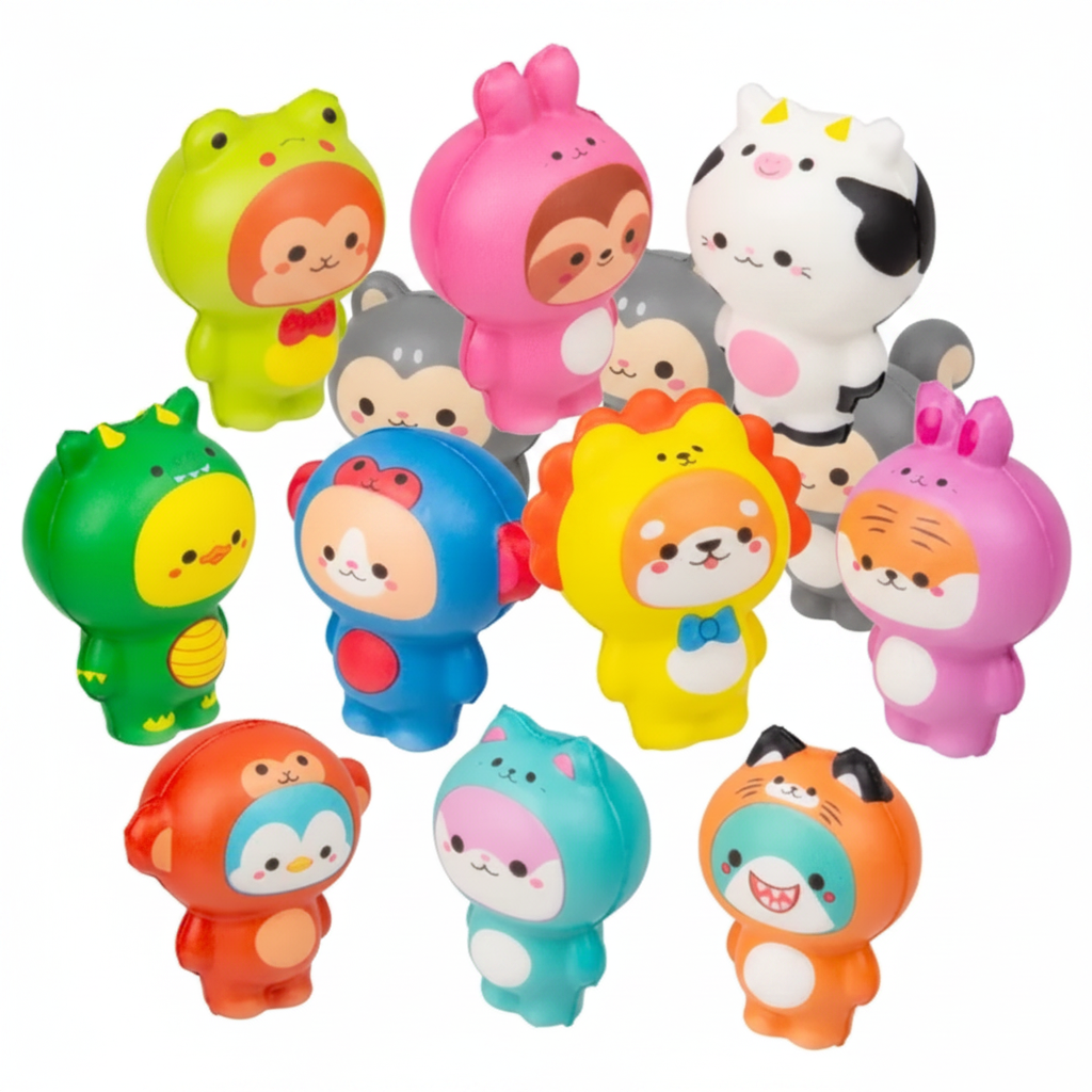 Colorful animal-themed figurines on a white background 