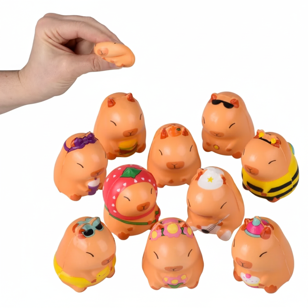 Set of small orange animal figurines with various accessories on a white background