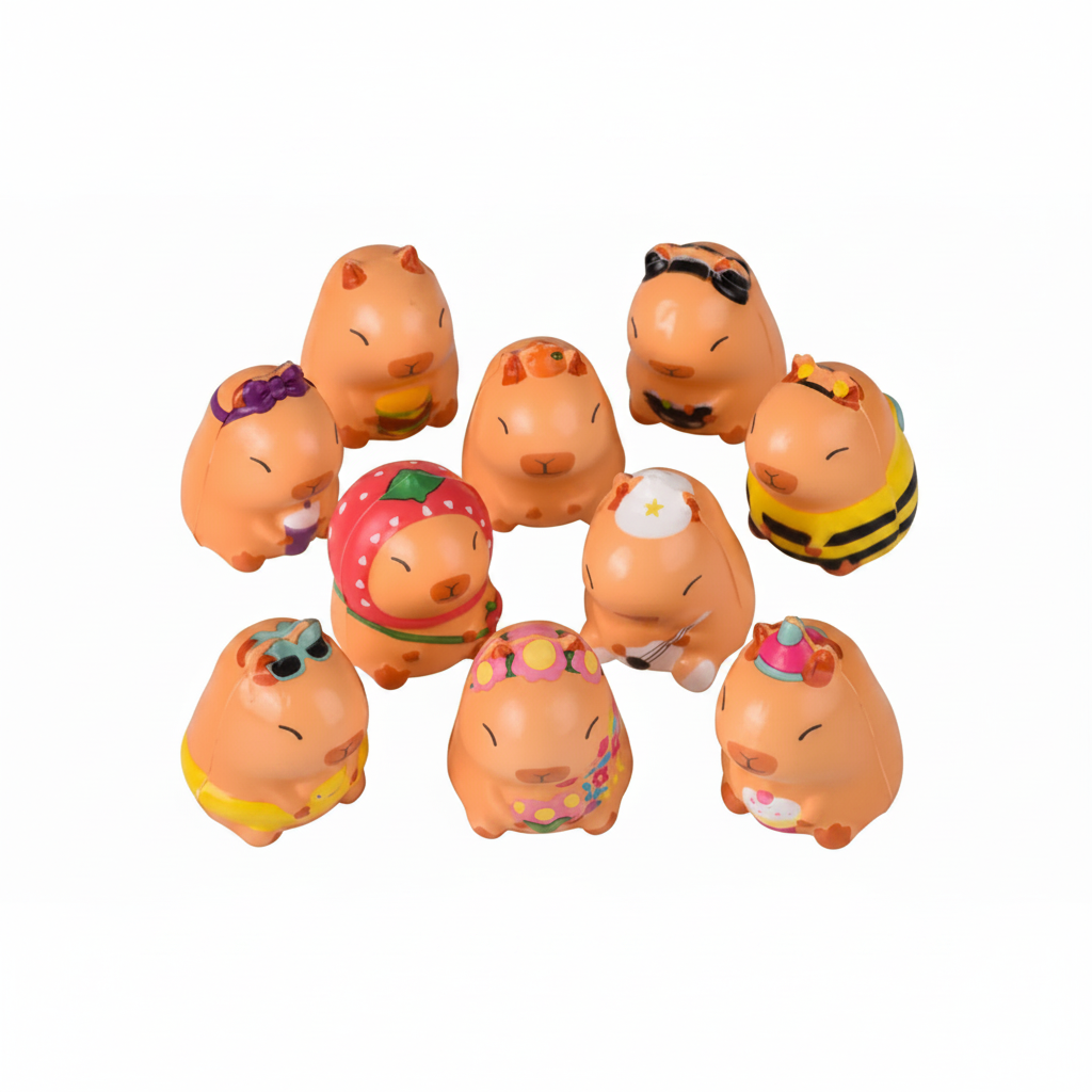 Set of small orange figurines with various accessories on a white background
